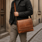 Brown men's messenger bag, strap detail