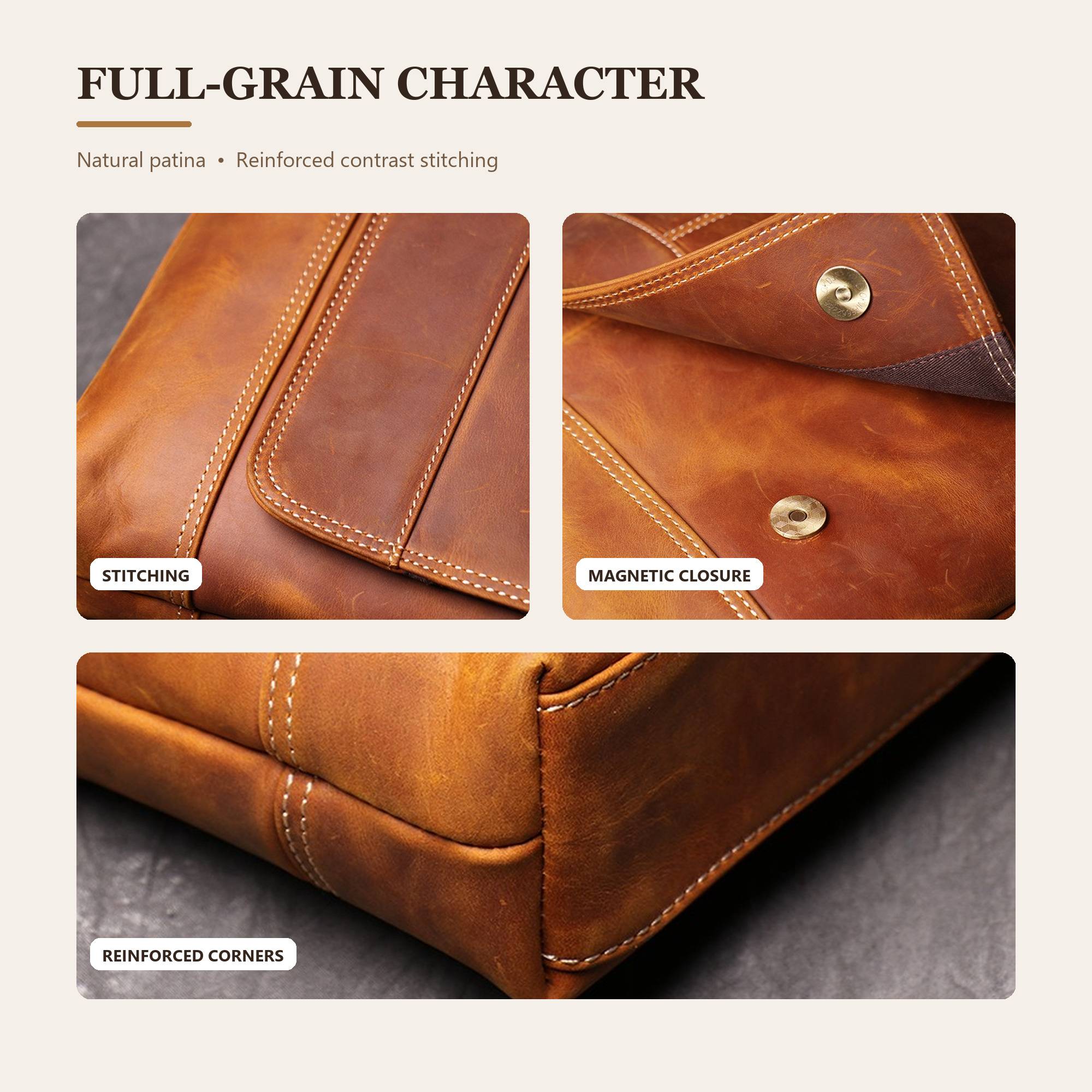 Brown men's messenger bag, side view