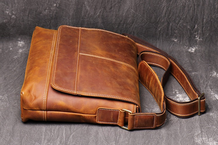 Brown men's messenger bag, back view