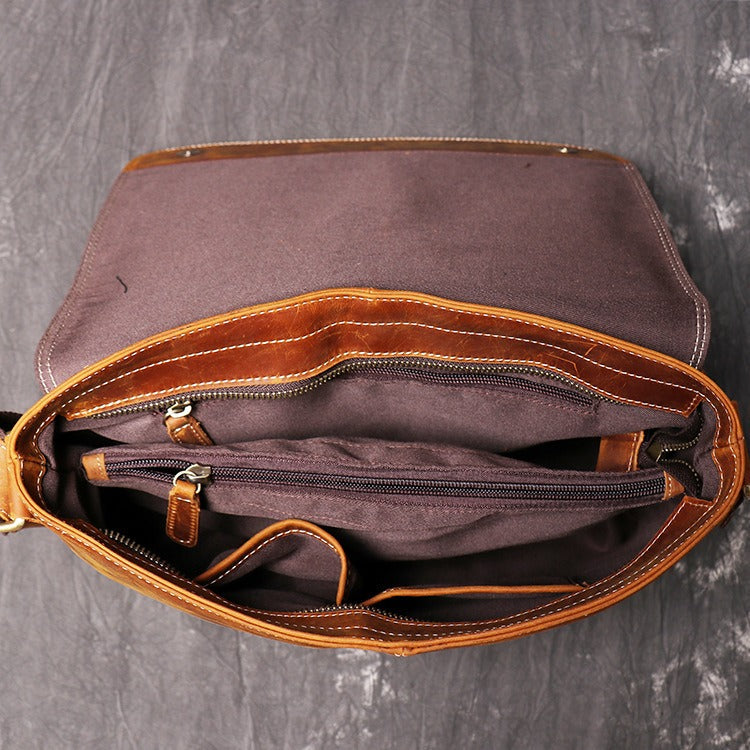 Brown men's messenger bag, buckle detail