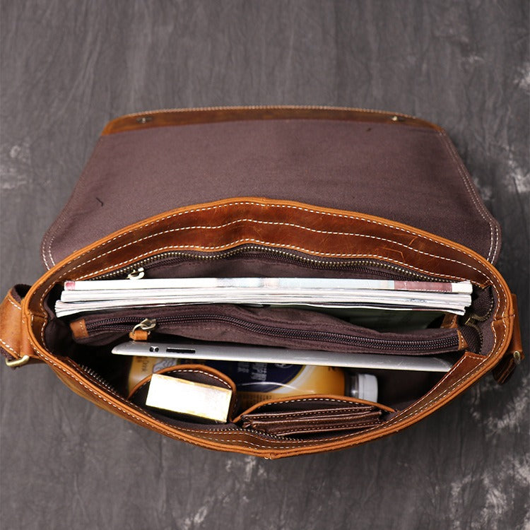 Brown men's messenger bag, leather grain