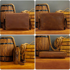 Brown men's messenger bag on a wooden barrel