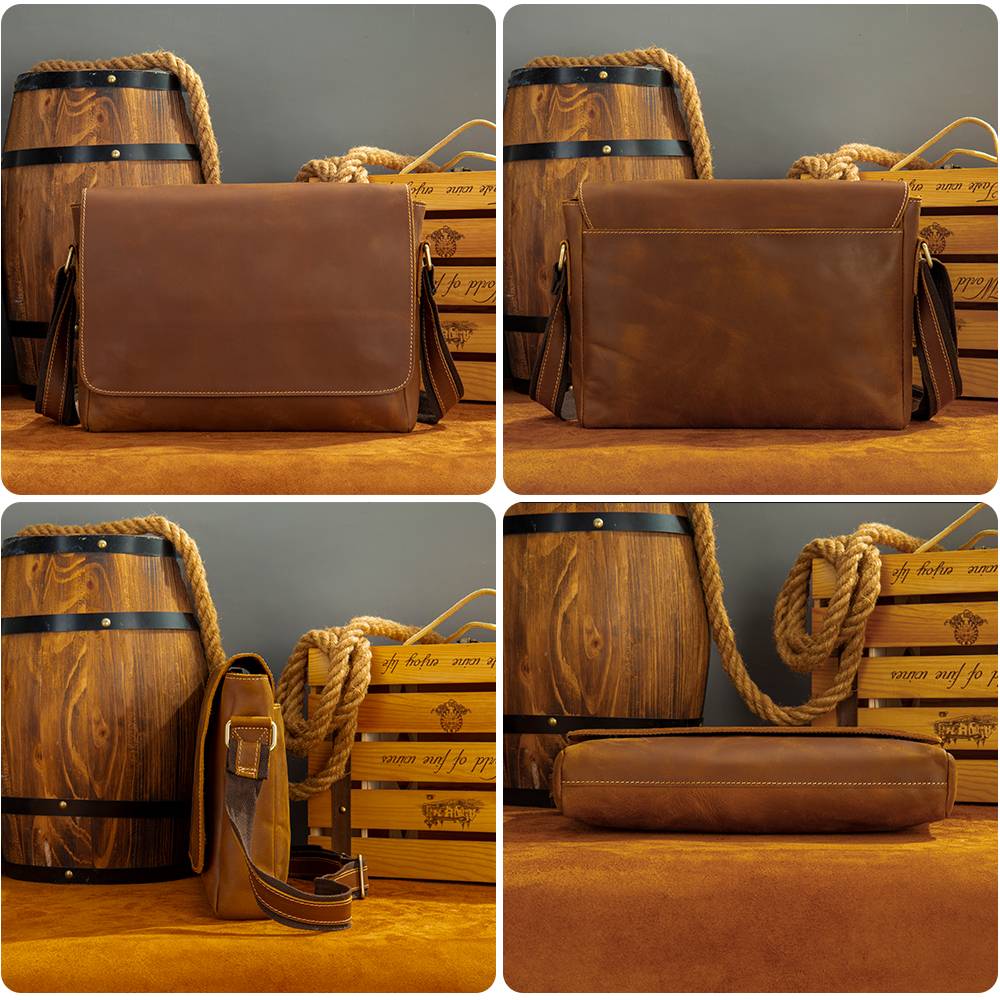 Brown men's messenger bag on a wooden barrel