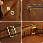 Brown men's messenger bag, hardware and stitching detail
