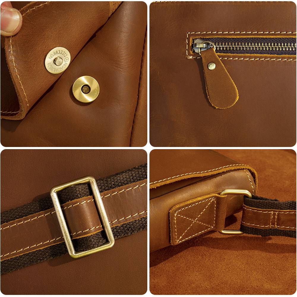 Brown men's messenger bag, hardware and stitching detail