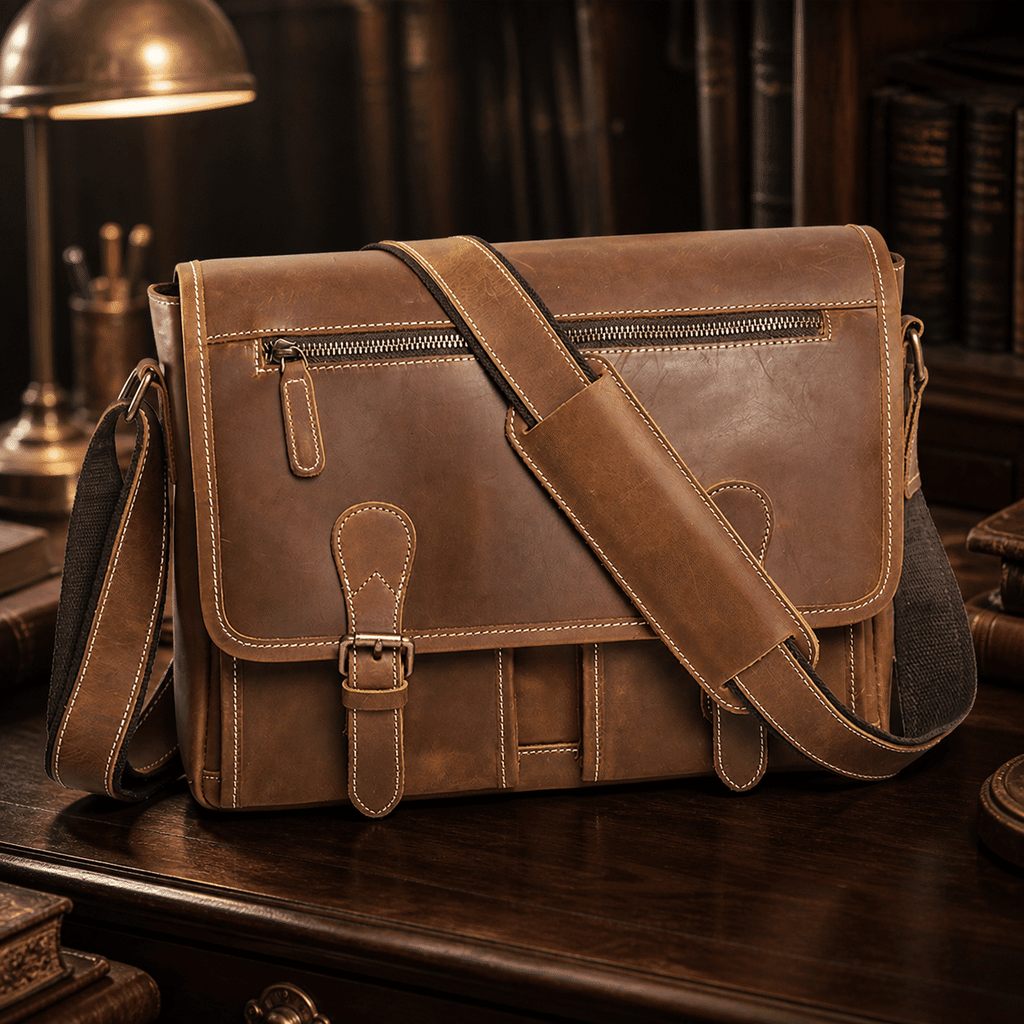 Brown men's leather messenger bag on a wooden desk
