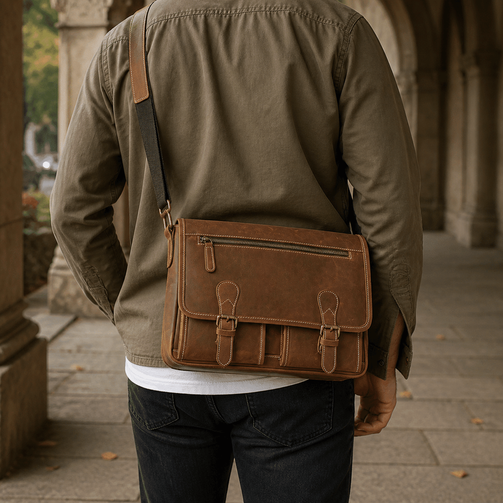 Man wearing the brown leather messenger bag, back view