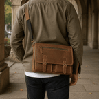 Man wearing the brown leather messenger bag, back view