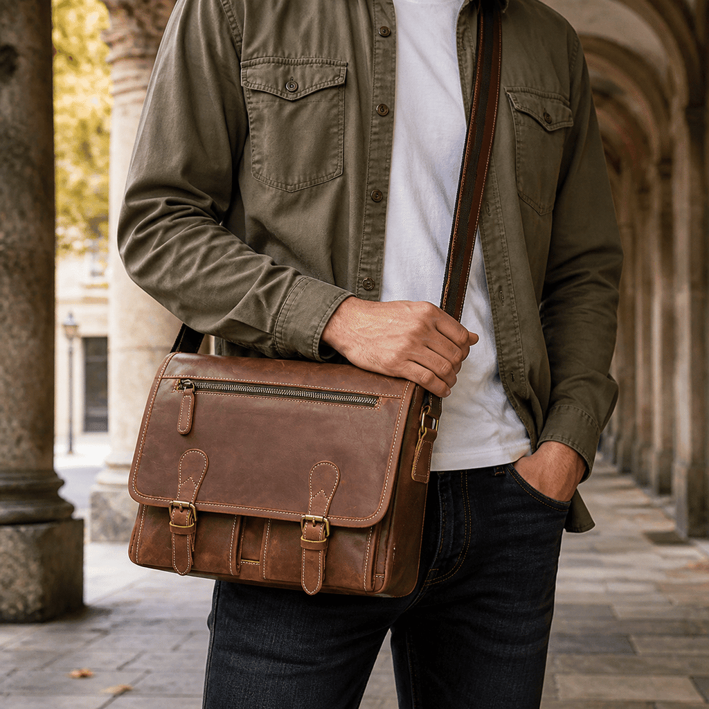 Man wearing the brown leather messenger bag, front view