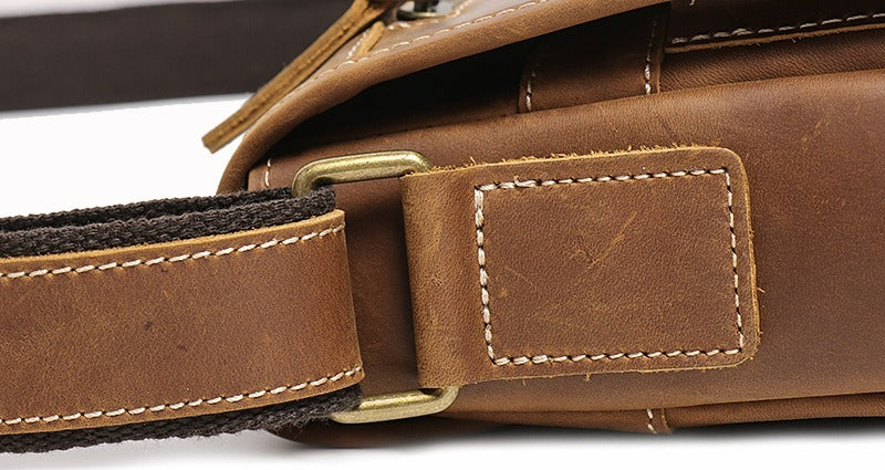 Brown men's messenger bag, buckle detail