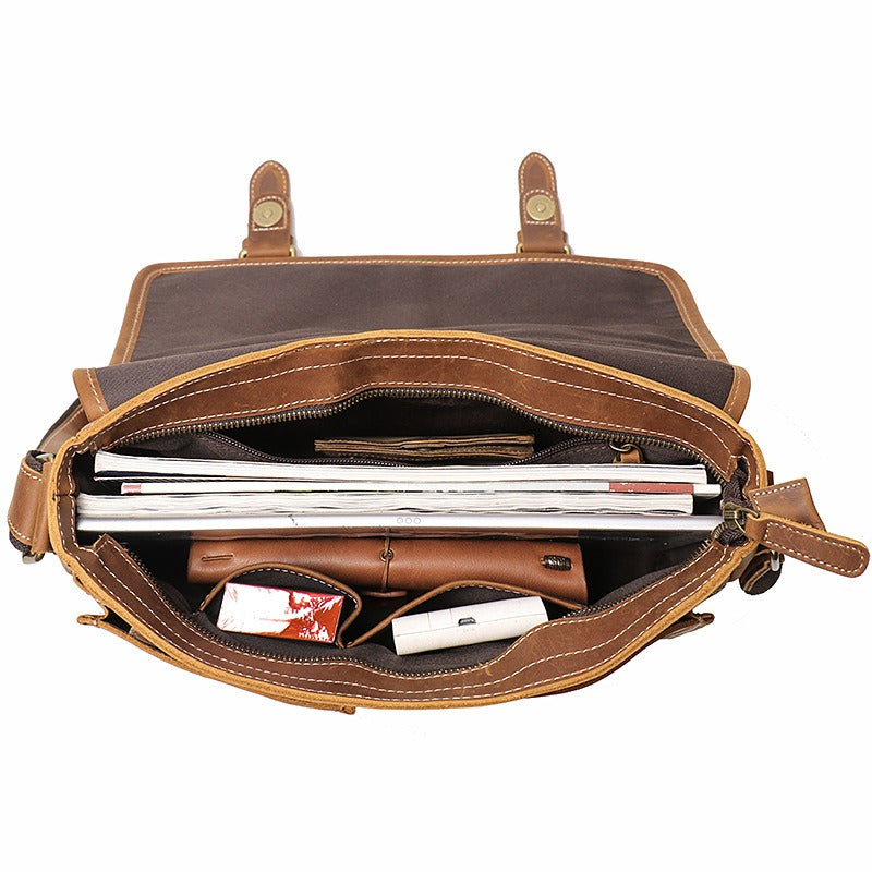 Brown men's messenger bag, side view