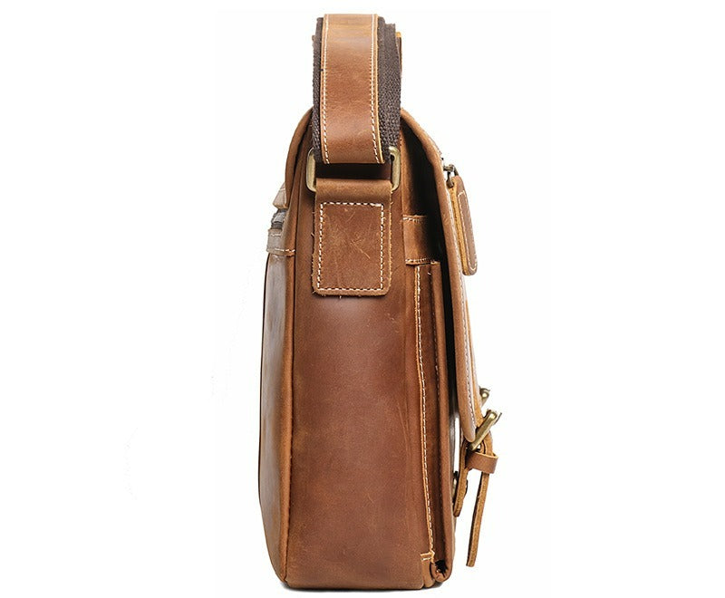 Brown men's messenger bag, back view