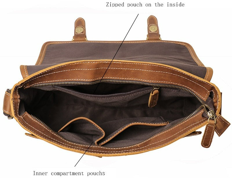 Brown men's messenger bag, flat lay