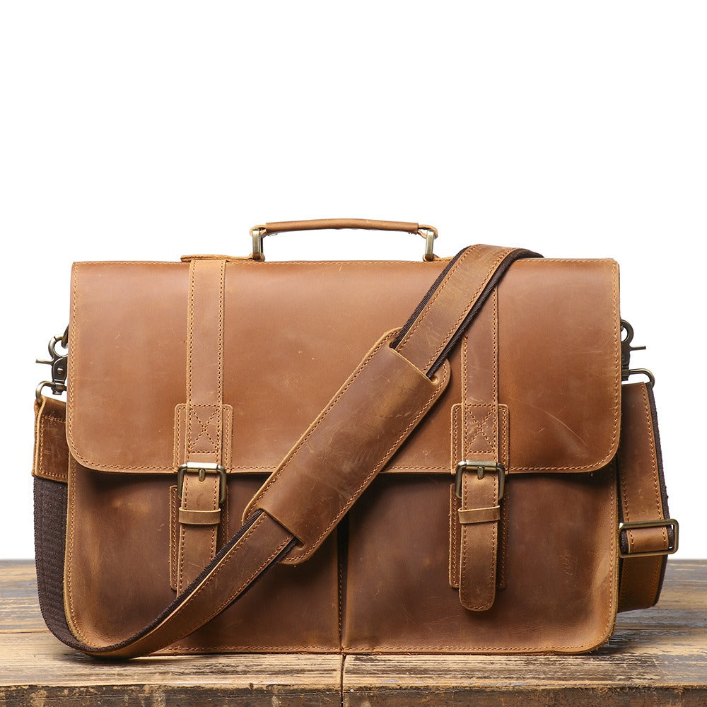 Brown men's office bag, front pocket detail