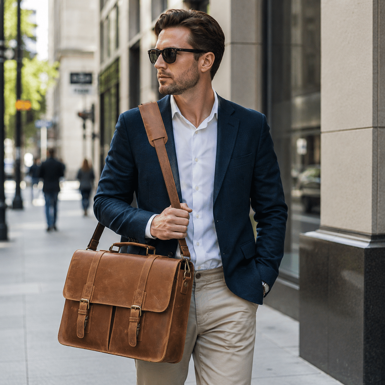 Man carrying the brown leather office bag