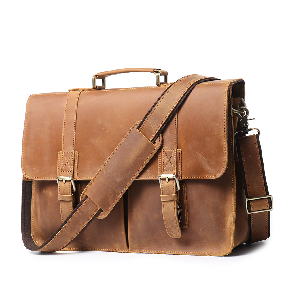Brown men's office bag, handle detail