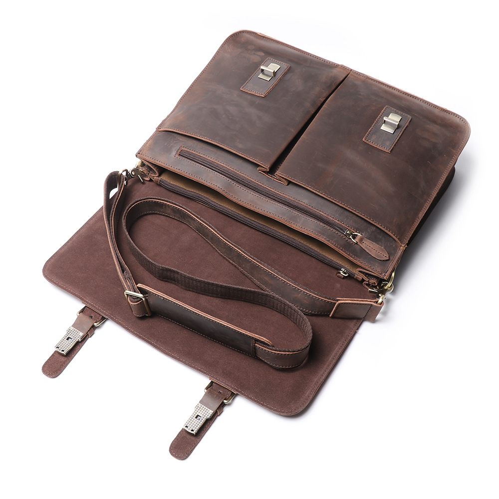 Dark brown men's office bag, buckle detail