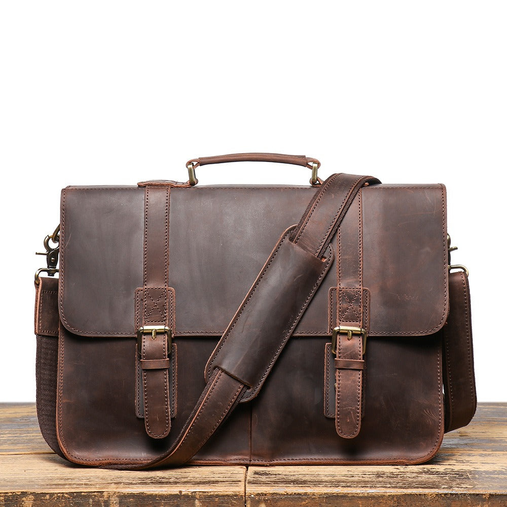 Dark brown men's office bag, front pocket detail