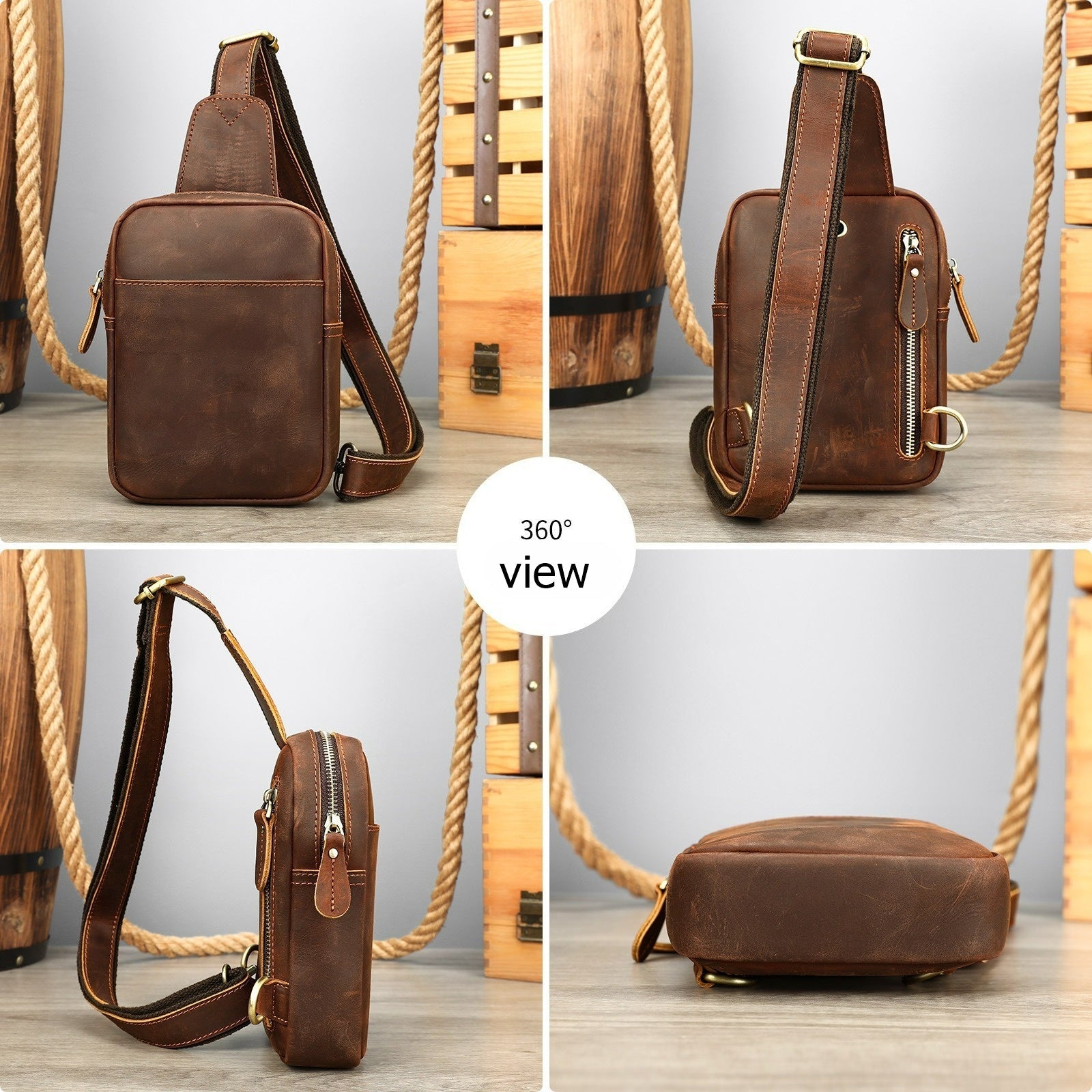 Brown men's one-shoulder bag, interior compartments detail