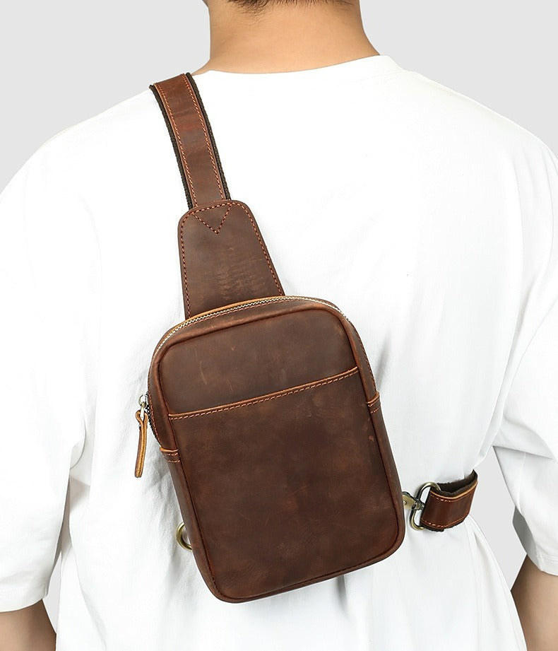 Brown men's one-shoulder bag, leather grain