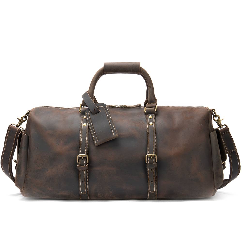 Brown-black men's overnight bag, flat lay