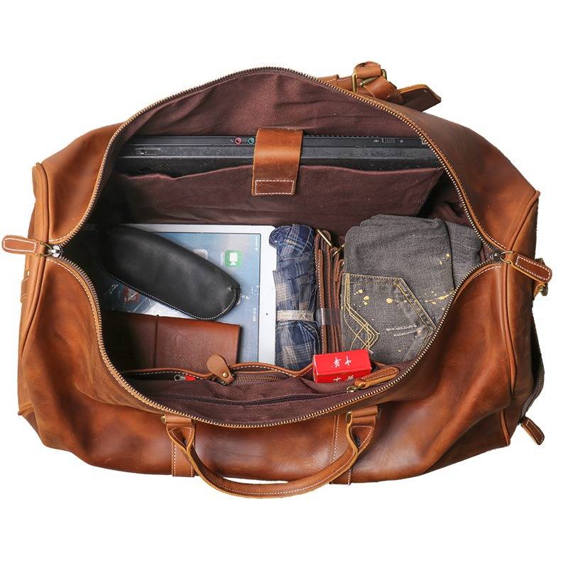 Brown men's oversized duffle bag, back view
