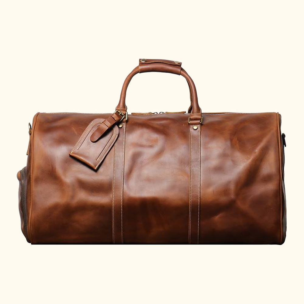Vintage brown men's leather oversized duffle bag