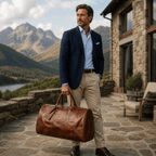 Man carrying the brown leather oversized duffle bag on a mountain terrace