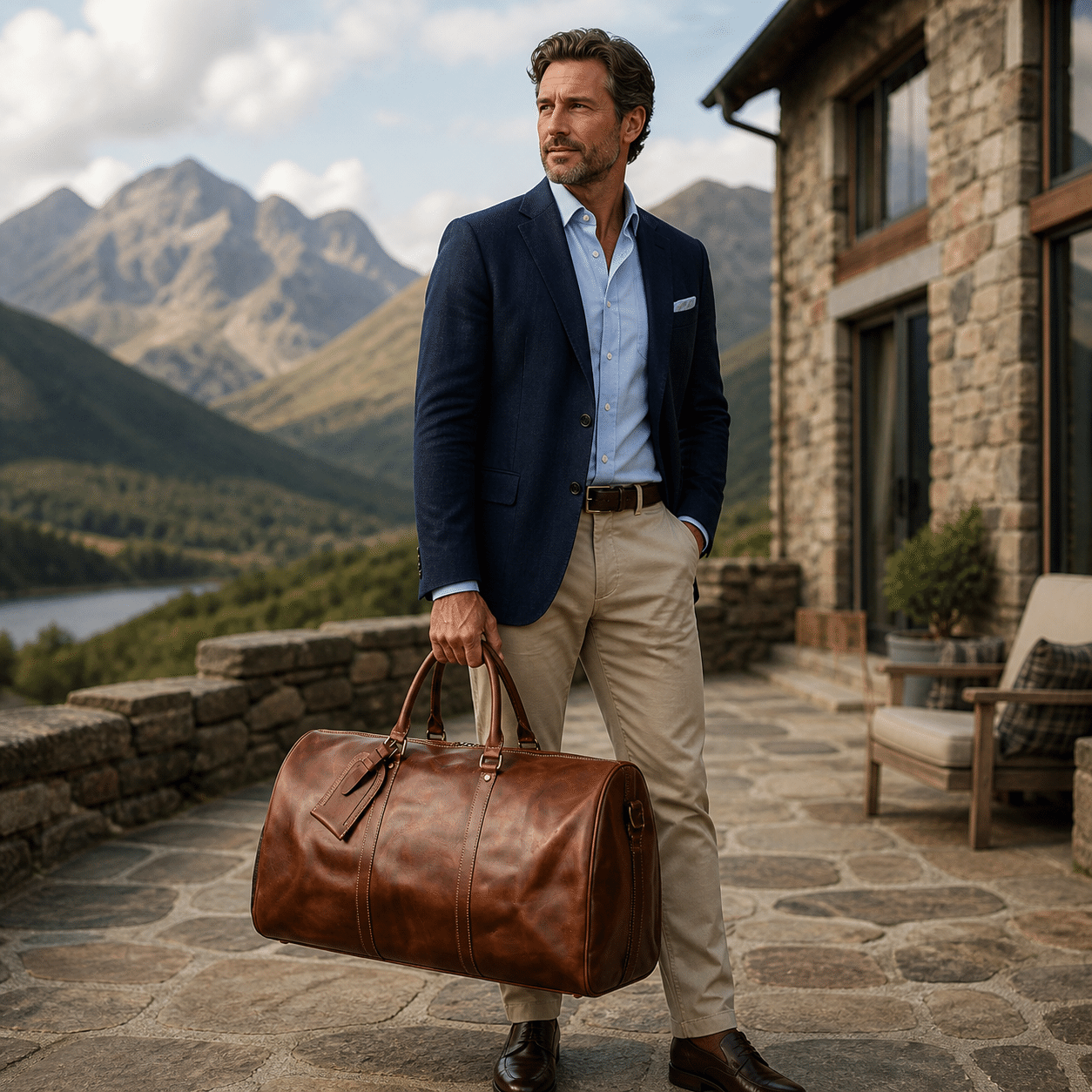 Man carrying the brown leather oversized duffle bag on a mountain terrace
