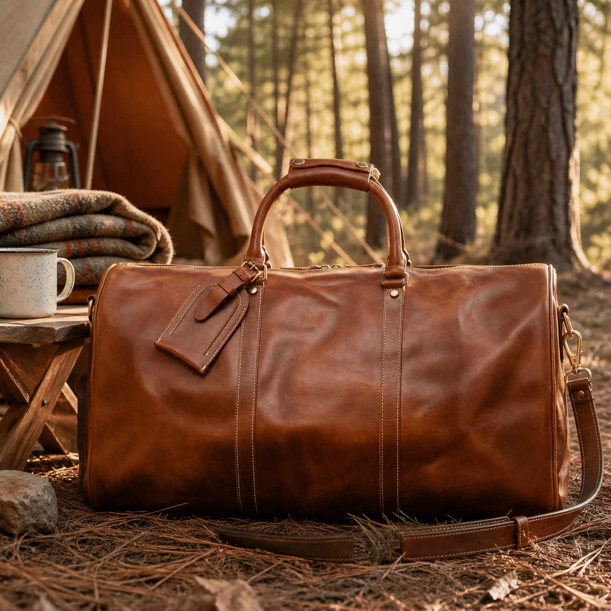 Brown men's oversized duffle bag, lifestyle scene