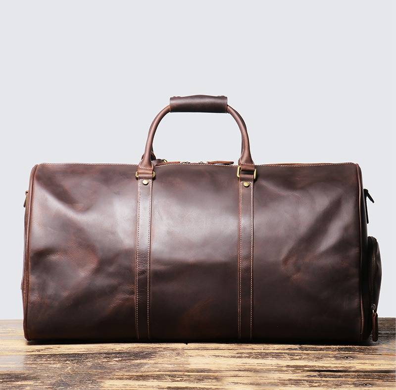 Dark brown men's oversized duffle bag, side view