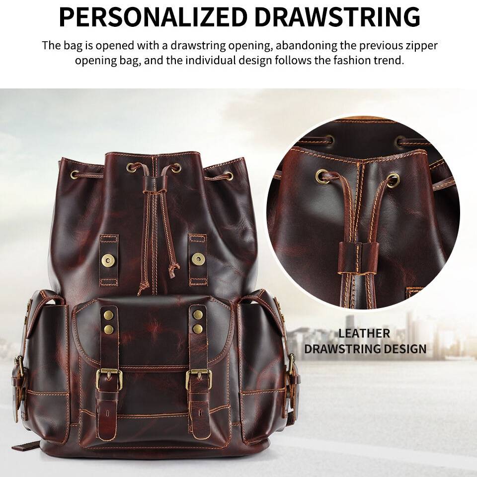 Leather rucksack, flat lay