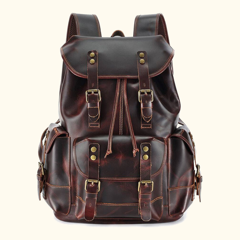 Vintage reddish brown men's leather rucksack
