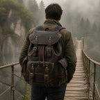 Man wearing the leather rucksack on a mountain rope bridge