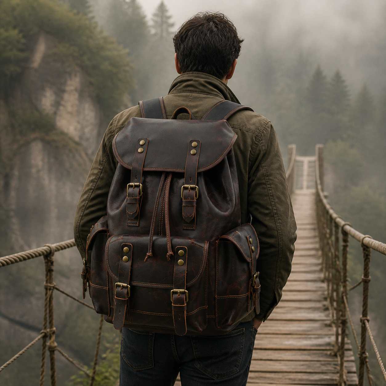 Man wearing the leather rucksack on a mountain rope bridge