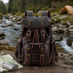 Leather rucksack at a riverside campsite