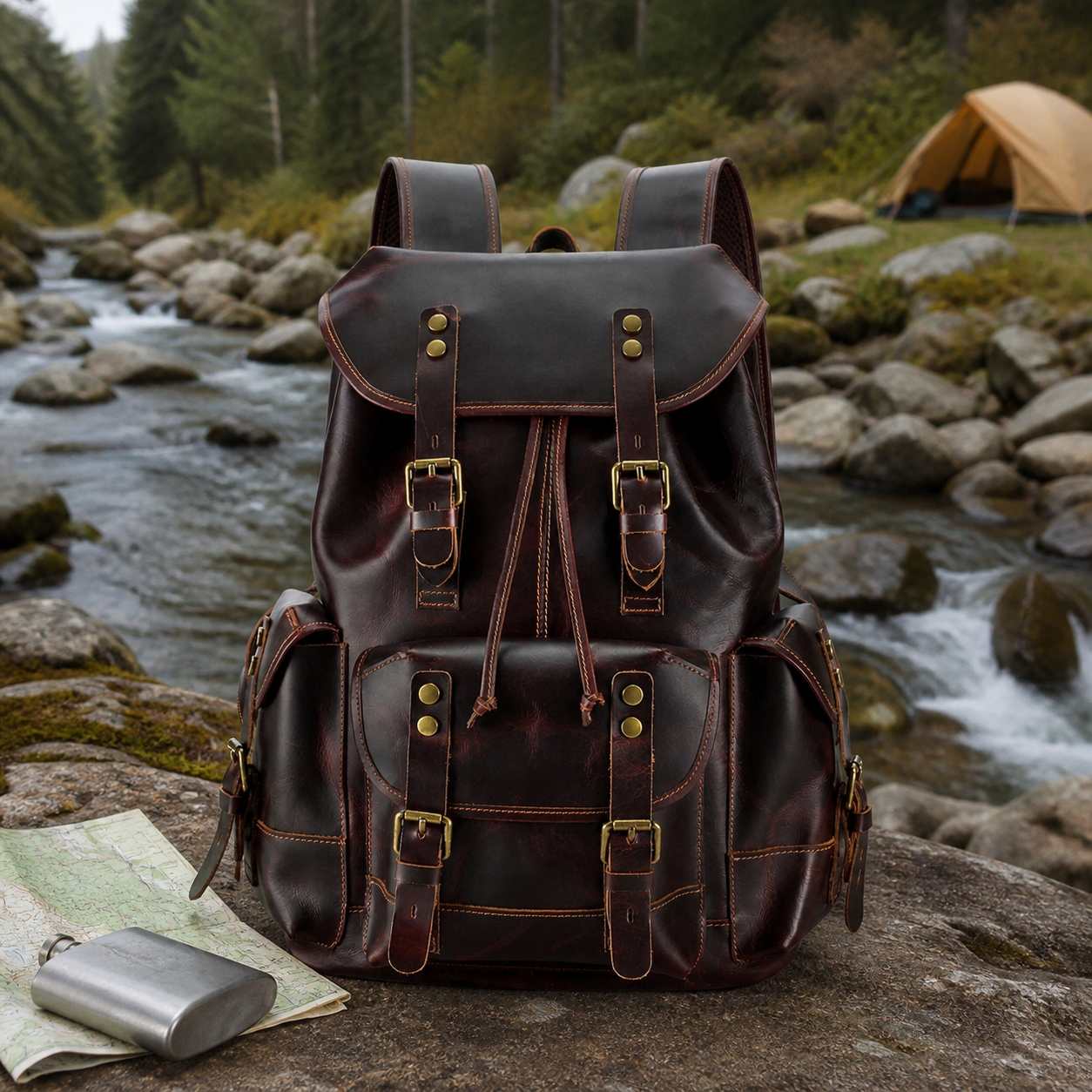Leather rucksack at a riverside campsite