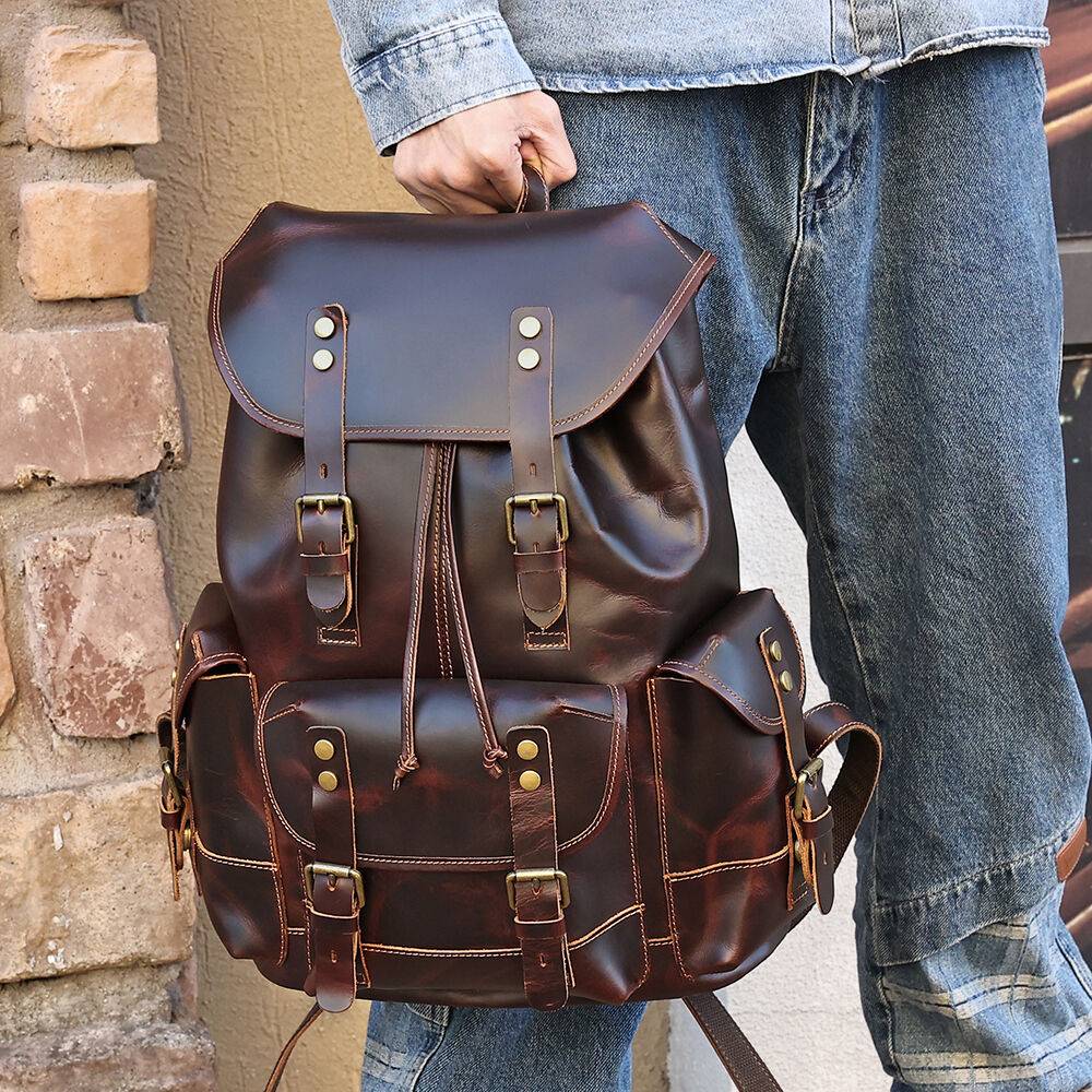 Leather rucksack, front pocket detail