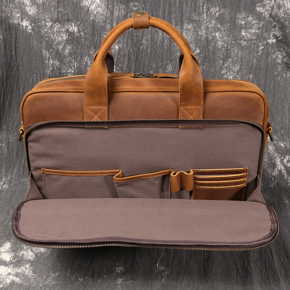 Brown men's satchel, flat lay