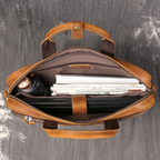 Brown men's satchel, front pocket detail