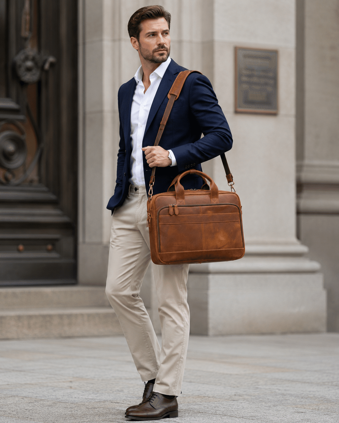 Man carrying the brown leather satchel