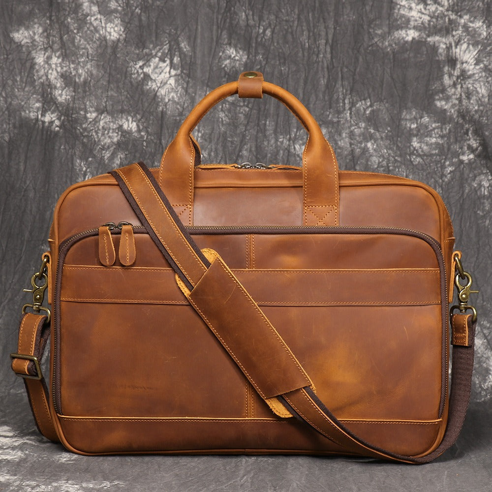 Brown men's satchel, interior view