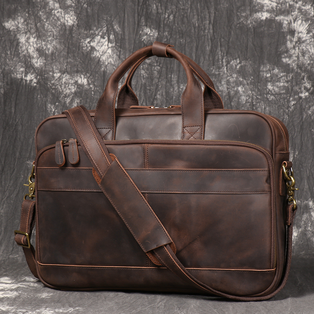 Dark brown men's satchel, side view