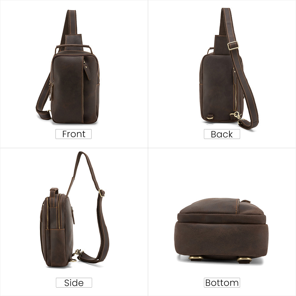 Dark brown men's sling backpack, leather grain