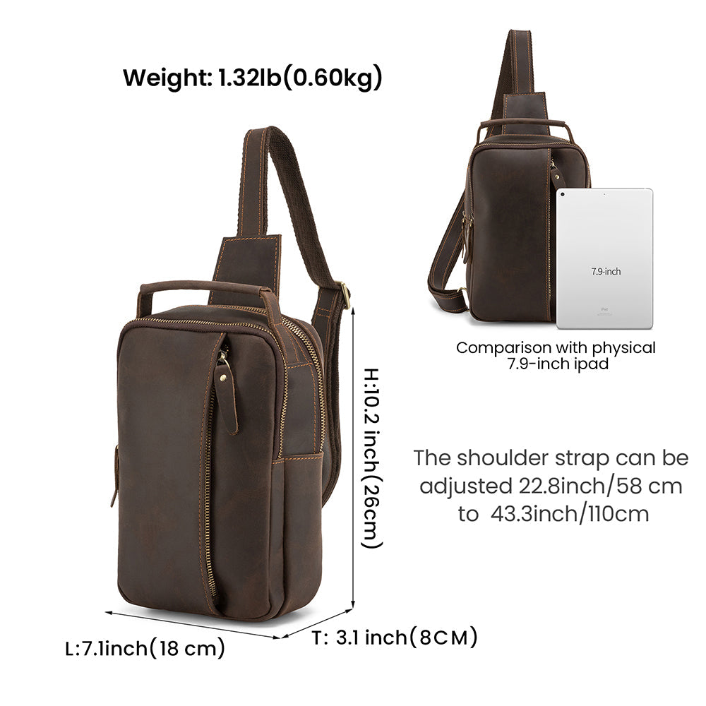 Dark brown men's sling backpack, flat lay