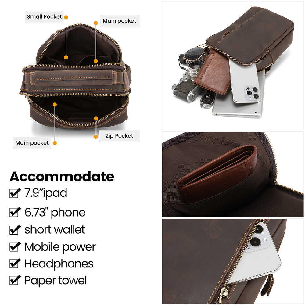 Dark brown men's sling backpack, zipper detail
