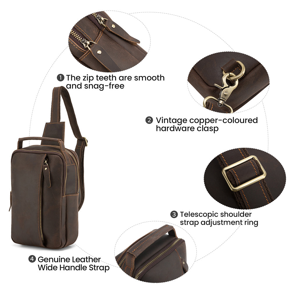 Dark brown men's sling backpack, top view