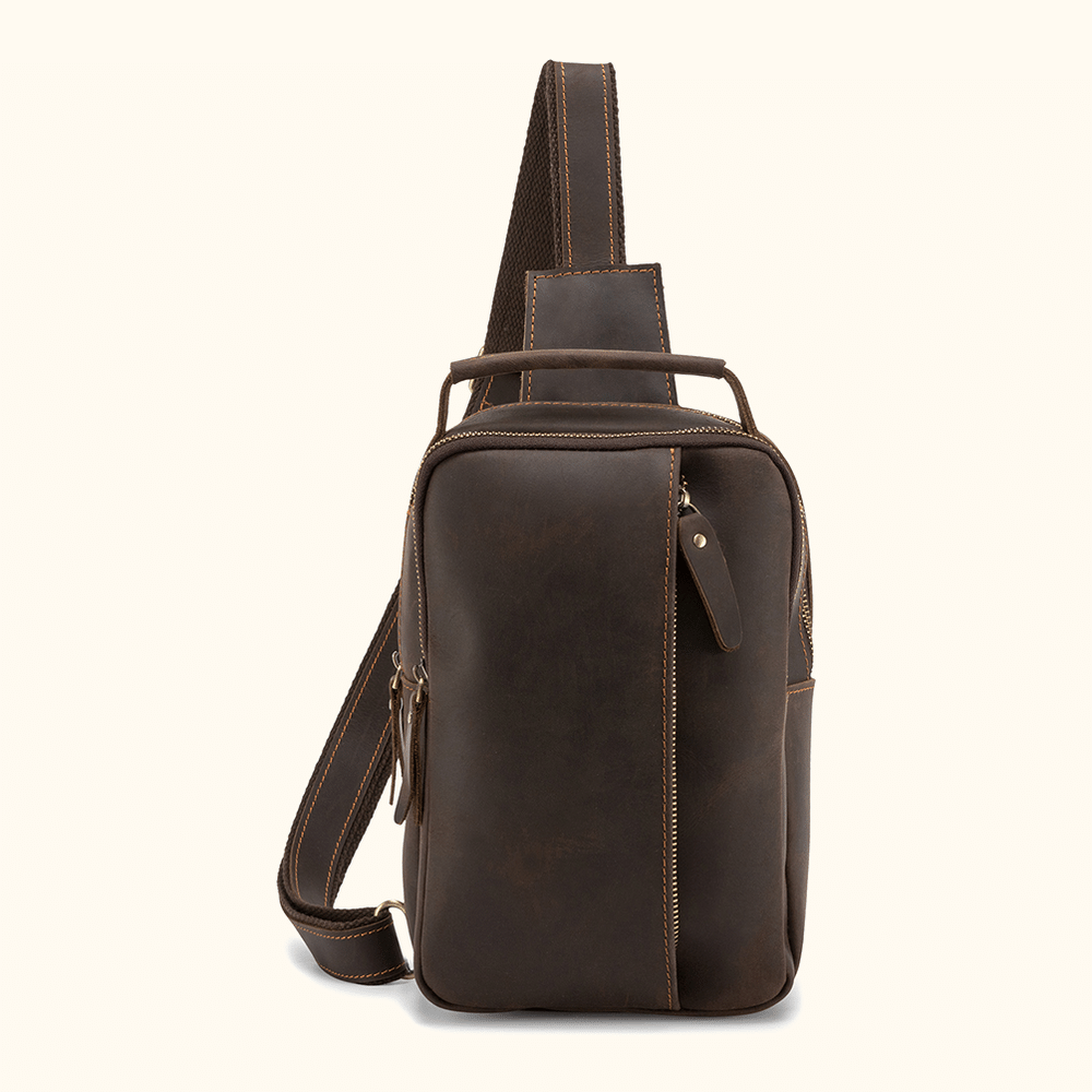 Vintage dark brown men's leather sling backpack