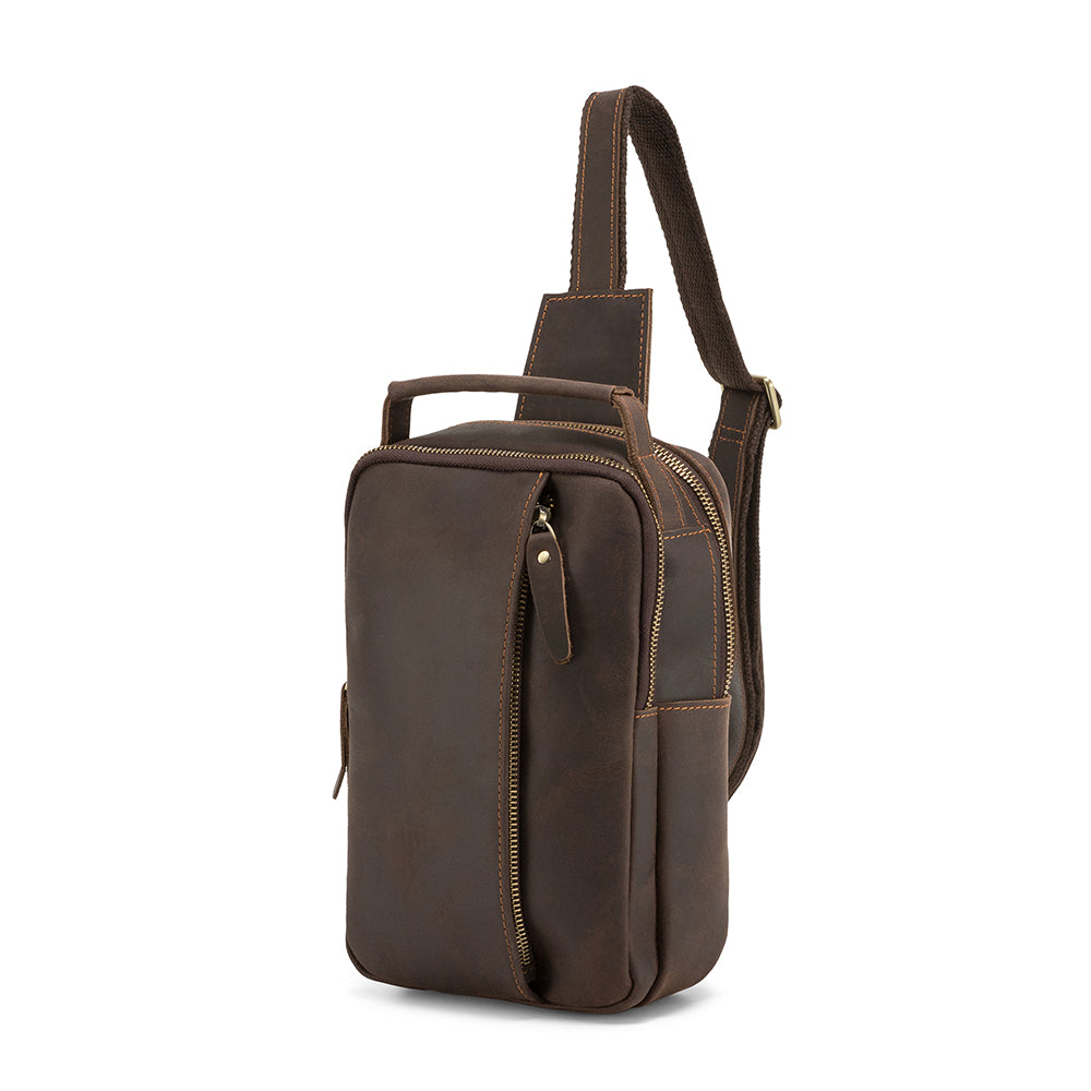 Dark brown men's sling backpack, back view