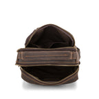 Dark brown men's sling backpack, strap detail